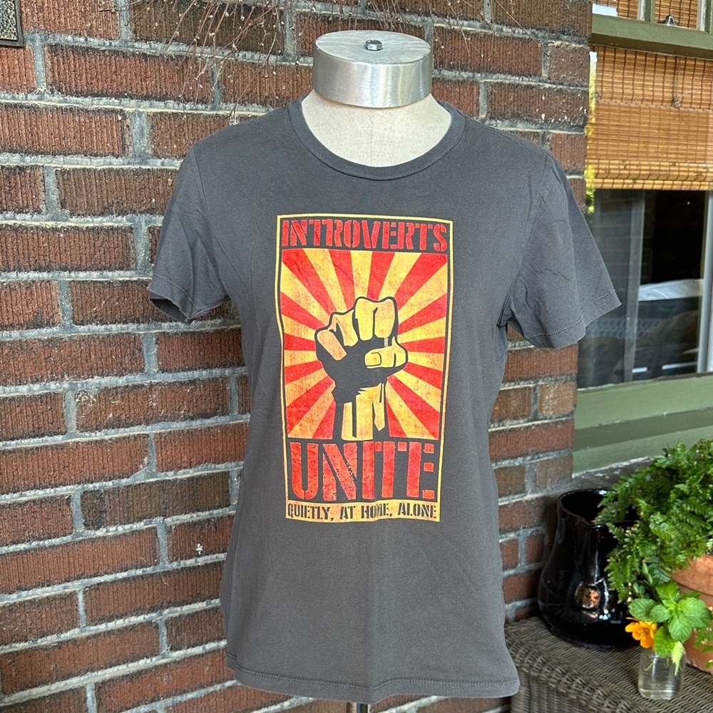 Introverts Unite! TeePublic gray/red/yellow graphic tee. Size women’s Large.